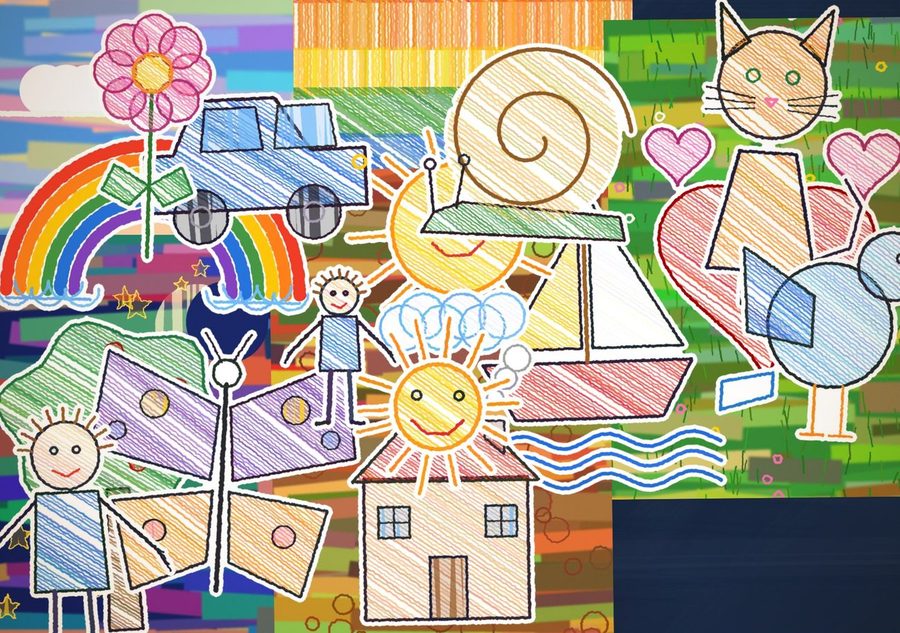 Tableau de dessins d’enfants, composition Courtepointe : en patchwork