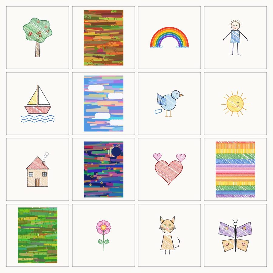 Tableau de dessins d’enfants, composition Galerie : un dessin par cadre