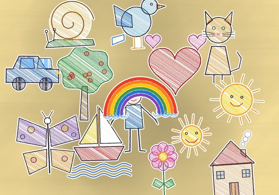 Tableau de dessins d’enfants, composition Nuage : dispersés sur un fond uni