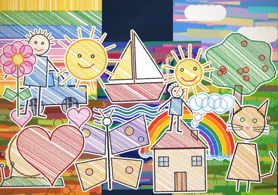 Tableau de dessins d’enfants, composition Paysage : ciel, milieu et sol